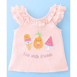Babyhug Cotton Sleeveless Tee With HD Graphics & Frill Detailing- Pink