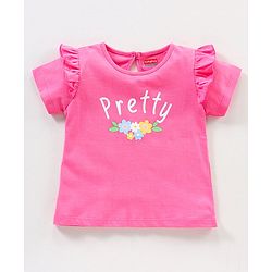 Babyhug 100% Cotton Knit Half Sleeves Graphics & Frill Detailing Tee - Pink