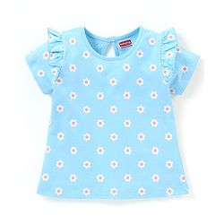 Babyhug 100% Cotton Half Sleeves Tee With Frill Detailing Floral Print- Blue