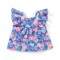 Babyhug Cotton Knit Frill Sleeves Top Floral Print- Navy