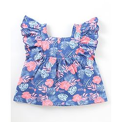 Babyhug Cotton Knit Frill Sleeves Top Floral Print- Navy