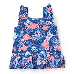 Babyhug 100% Cotton Knit Sleeveless Top With Frill Detailing Tropical Print- Navy Blue