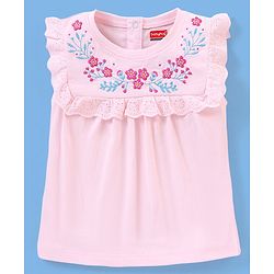 Babyhug 100% Cotton Knit Sleeveless Top with Frill Detailing & Floral Embroidery - Pink