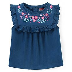 Babyhug Cotton Knit Sleeveless Top with Frill Detailing & Floral Embroidery - Navy