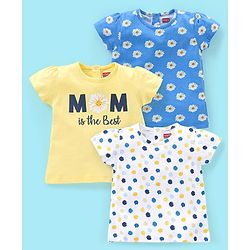 Babyhug 100% Cotton Knit Cap Sleeves T-Shirts Floral & Polka Dots Print Pack of 3 - White Blue & Yellow