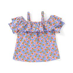 Babyhug 100% Cotton Knit Half Sleeves Top with Frill Detailing Floral Print - Blue