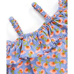 Babyhug 100% Cotton Knit Half Sleeves Top with Frill Detailing Floral Print - Blue