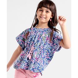 Babyhug 100% Cotton Knit Half Sleeves Kaftan Style Floral Printed Top with Tassel Detailing - Blue