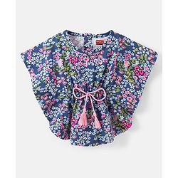 Babyhug 100% Cotton Knit Half Sleeves Kaftan Style Floral Printed Top with Tassel Detailing - Blue
