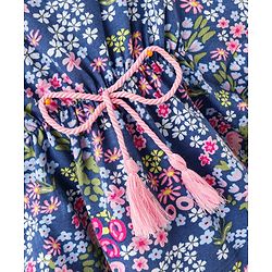 Babyhug 100% Cotton Knit Half Sleeves Kaftan Style Floral Printed Top with Tassel Detailing - Blue
