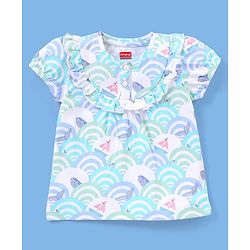 Babyhug 100% Cotton Knit Puffed Sleeves Tee With Frill Detailing Sea Waves Print- White