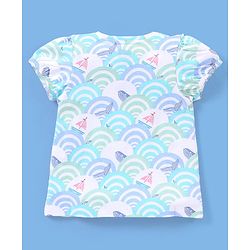 Babyhug 100% Cotton Knit Puffed Sleeves Tee With Frill Detailing Sea Waves Print- White