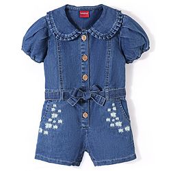 Babyhug Cotton Woven Half Sleeves Washed Denim Jumpsuit Floral Embroidery - Blue