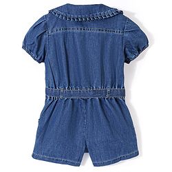 Babyhug Cotton Woven Half Sleeves Washed Denim Jumpsuit Floral Embroidery - Blue