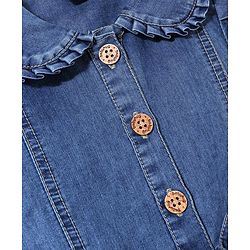 Babyhug Cotton Woven Half Sleeves Washed Denim Jumpsuit Floral Embroidery - Blue