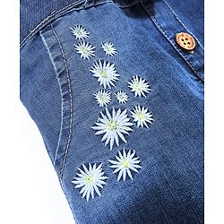 Babyhug Cotton Woven Half Sleeves Washed Denim Jumpsuit Floral Embroidery - Blue