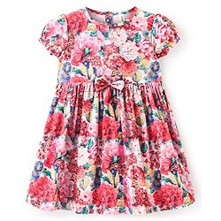 Babyhug Cotton Woven Half Sleeves Frock Floral Print - Pink