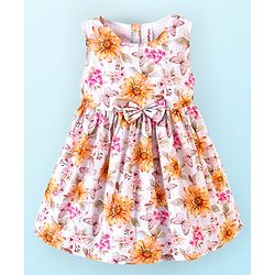Babyhug 100% Cotton Woven Sleeveless Floral Print Fit & Flare Frock with Bow Applique - White