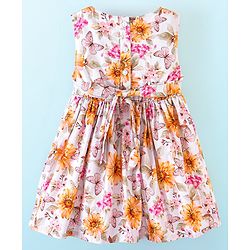 Babyhug 100% Cotton Woven Sleeveless Floral Print Fit & Flare Frock with Bow Applique - White