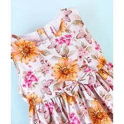 Babyhug 100% Cotton Woven Sleeveless Floral Print Fit & Flare Frock with Bow Applique - White