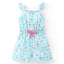 Babyhug 100% Cotton Knit Sleeveless Jumpsuit Floral Print - Mint Blue