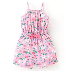 Babyhug 100% Cotton Knitted Singlet Sleeves Jumpsuit Floral Print- Pink