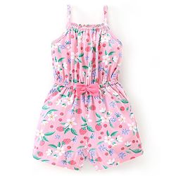Babyhug 100% Cotton Knitted Singlet Sleeves Jumpsuit Floral Print- Pink