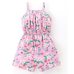 Babyhug 100% Cotton Knitted Singlet Sleeves Jumpsuit Floral Print- Pink