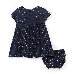 Babyhug 100% Cotton Half Sleeves Frock With Boomer Floral Print- Navy Blue