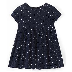 Babyhug 100% Cotton Half Sleeves Frock With Boomer Floral Print- Navy Blue