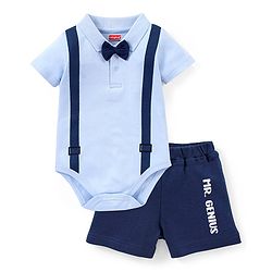 Babyhug 100% Cotton Half Sleeves Onesies with Shorts & Bow Tie - Navy Blue