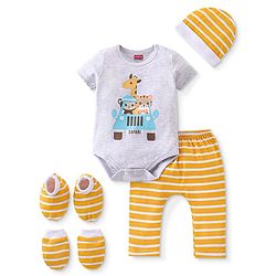 Babyhug 100% Cotton Knit Half Sleeves Onesie with Diaper Pants Cap Mittens & Booties Giraffe Print - Grey & Yellow