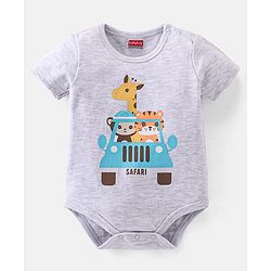 Babyhug 100% Cotton Knit Half Sleeves Onesie with Diaper Pants Cap Mittens & Booties Giraffe Print - Grey & Yellow