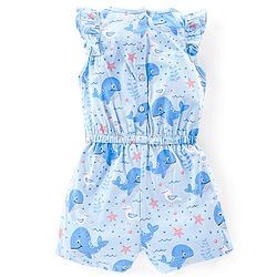 Babyhug 100% Cotton Knit Sleeveless Jumpsuit with Bow Applique & Whale Print - Blue