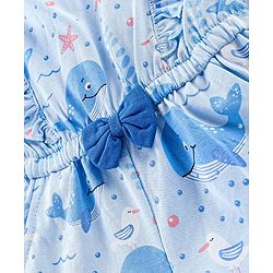 Babyhug 100% Cotton Knit Sleeveless Jumpsuit with Bow Applique & Whale Print - Blue