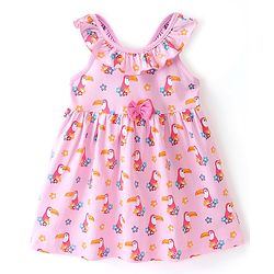 Babyhug 100% Cotton Knit Sleeveless Frock With Toucan Print & Bow Applique - Pink