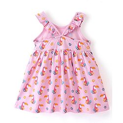 Babyhug 100% Cotton Knit Sleeveless Frock With Toucan Print & Bow Applique - Pink