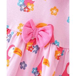 Babyhug 100% Cotton Knit Sleeveless Frock With Toucan Print & Bow Applique - Pink