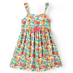 Babyhug 100% Cotton Knit Sleeveless Frock With Bow Applique Floral Print- Pink & Green