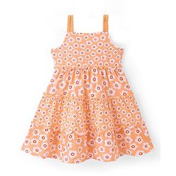 Babyhug 100% Cotton Knit Half Sleeves Frock With Floral Print - Orange