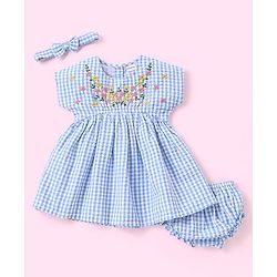 Babyhug 100% Cotton Seer Sucker Woven Embroidered Short Sleeves Frock With Bloomer Checked- Blue