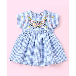 Babyhug 100% Cotton Seer Sucker Woven Embroidered Short Sleeves Frock With Bloomer Checked- Blue