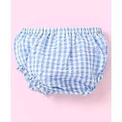 Babyhug 100% Cotton Seer Sucker Woven Embroidered Short Sleeves Frock With Bloomer Checked- Blue