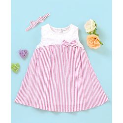 Babyhug Yarndyed  Seer Sucker Woven Sleeveless Frock with Headband Bow Applique - Pink