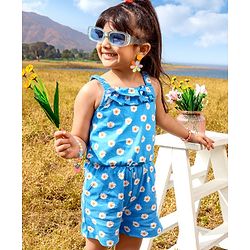 Babyhug 100% Cotton Singlet Sleeves Jumpsuit With Floral Print & Bow Applique - Blue