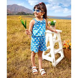 Babyhug 100% Cotton Singlet Sleeves Jumpsuit With Floral Print & Bow Applique - Blue