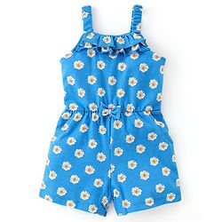 Babyhug 100% Cotton Singlet Sleeves Jumpsuit With Floral Print & Bow Applique - Blue