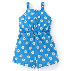Babyhug 100% Cotton Singlet Sleeves Jumpsuit With Floral Print & Bow Applique - Blue