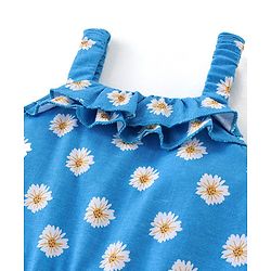 Babyhug 100% Cotton Singlet Sleeves Jumpsuit With Floral Print & Bow Applique - Blue