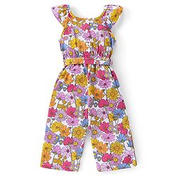Babyhug 100% Cotton Jersey Knit Cap Sleeves Jumpsuit with Floral Print - White & Pink